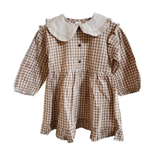 Girls Tan/cream Gingham Dress with Peter Pan Collar
